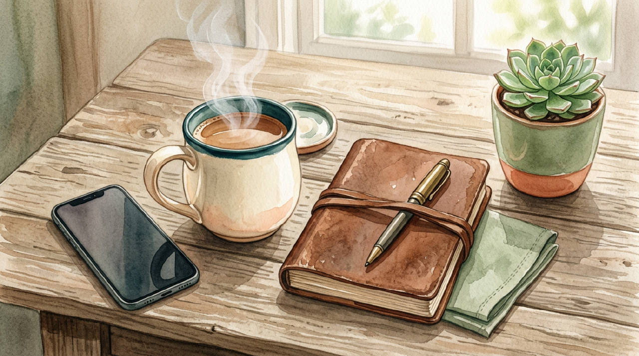 A smartphone lying face down on a wooden table next to a steaming mug of tea, a journal, and a small succulent plant.