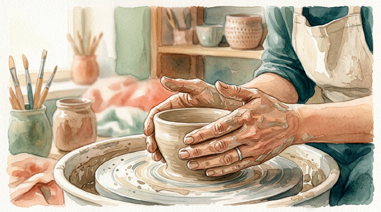 A person's hands engaged in a creative, tactile hobby like pottery, painting, or knitting.