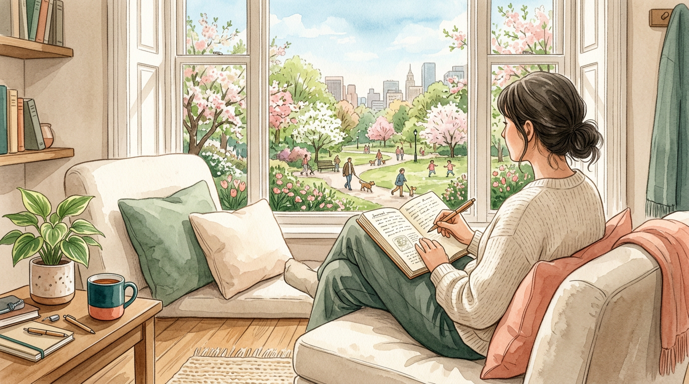 A person sitting by a window looking out at a city park, with a journal and pen on their lap. The mood is calm and reflective, not sad.