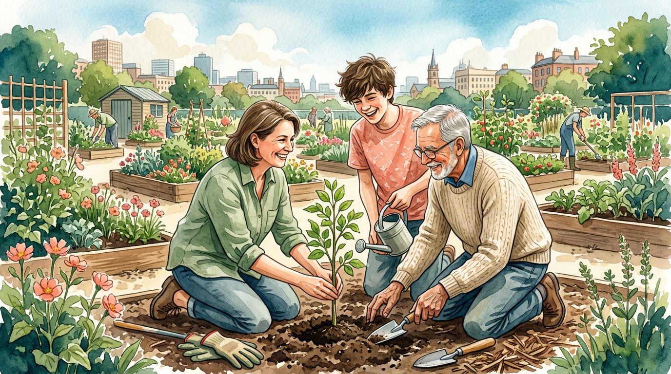 A group of diverse people of different ages planting trees in a community garden. They are laughing and working together.