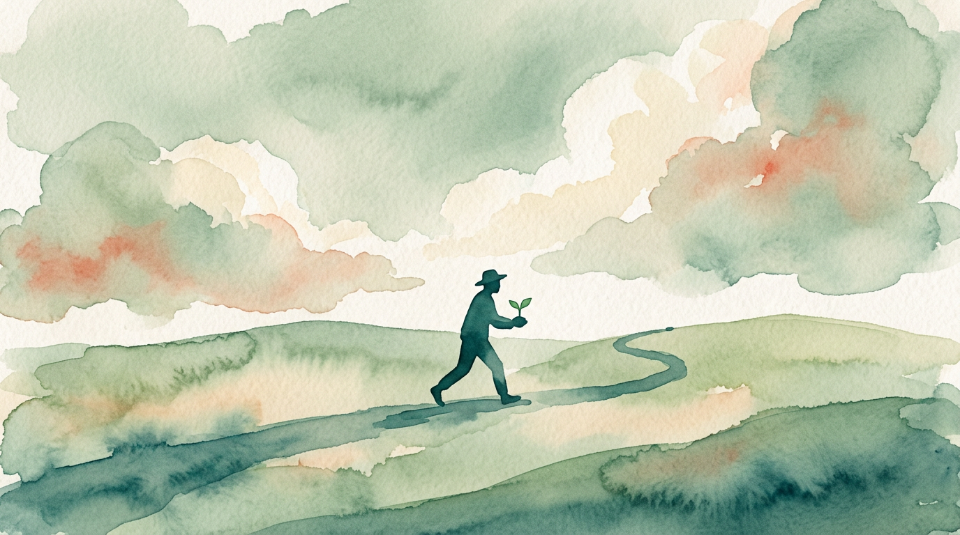 Silhouette walking under cloudy sky holding a small sprout, muted green watercolor