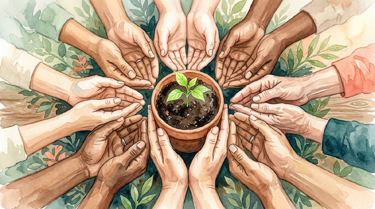 A diverse group of hands gently cupping a small, vibrant green sapling growing from rich soil.