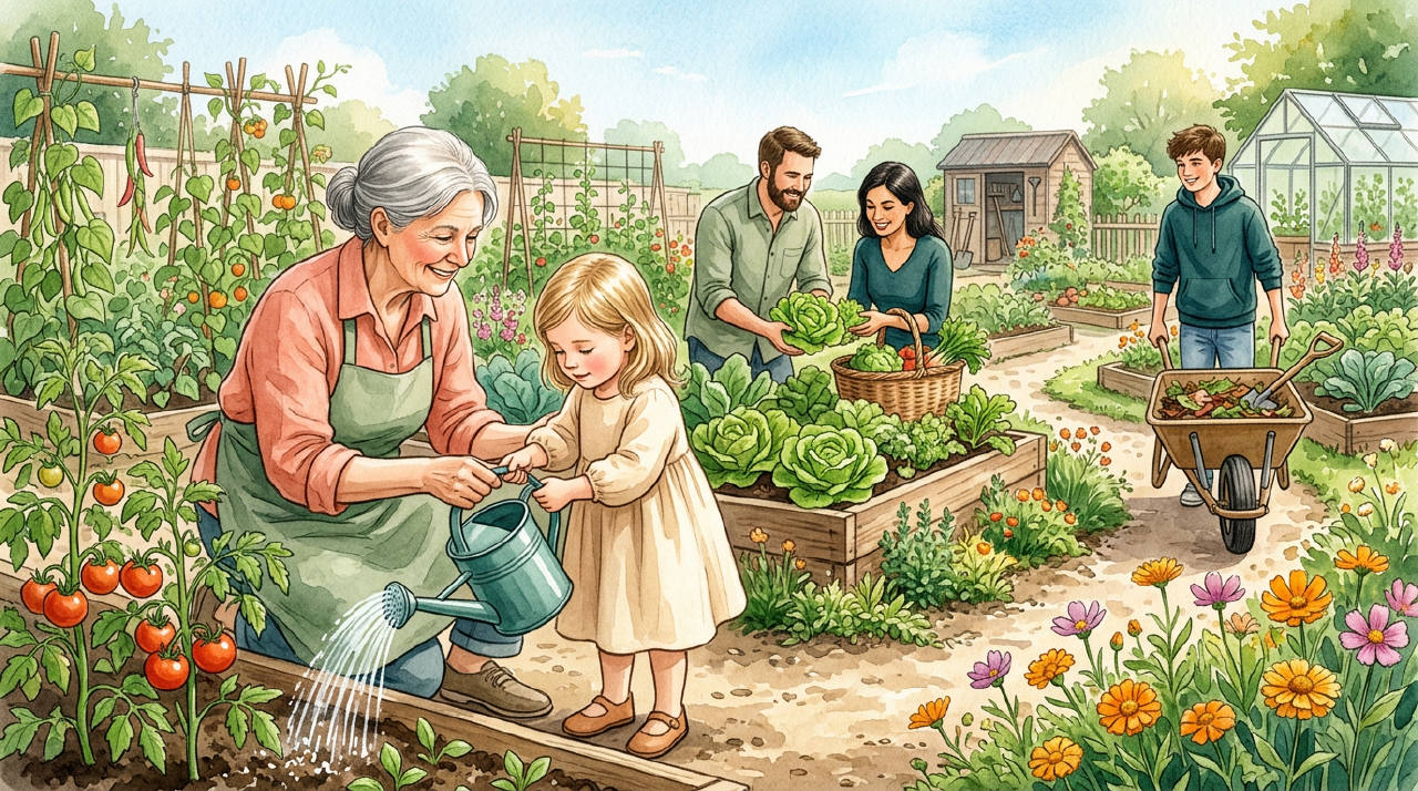 A cheerful community garden with diverse people of all ages tending to plants, laughing, and sharing vegetables.