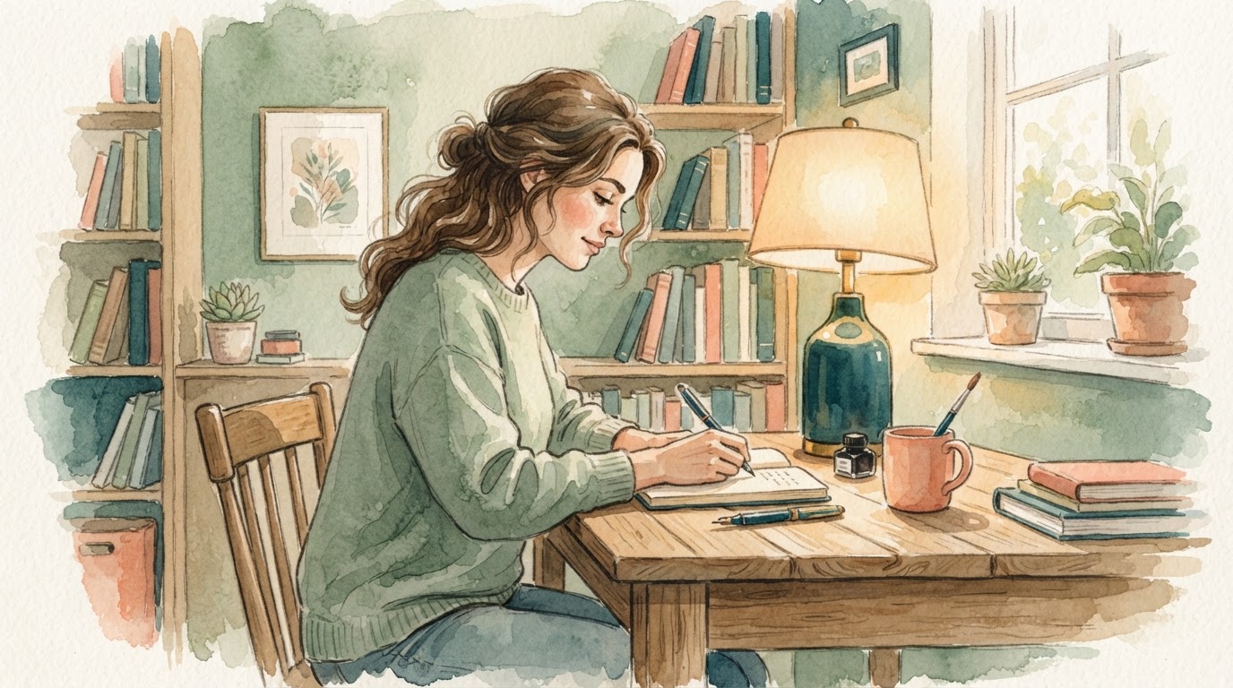 Desk with colorful sticky notes and timer, playful watercolor