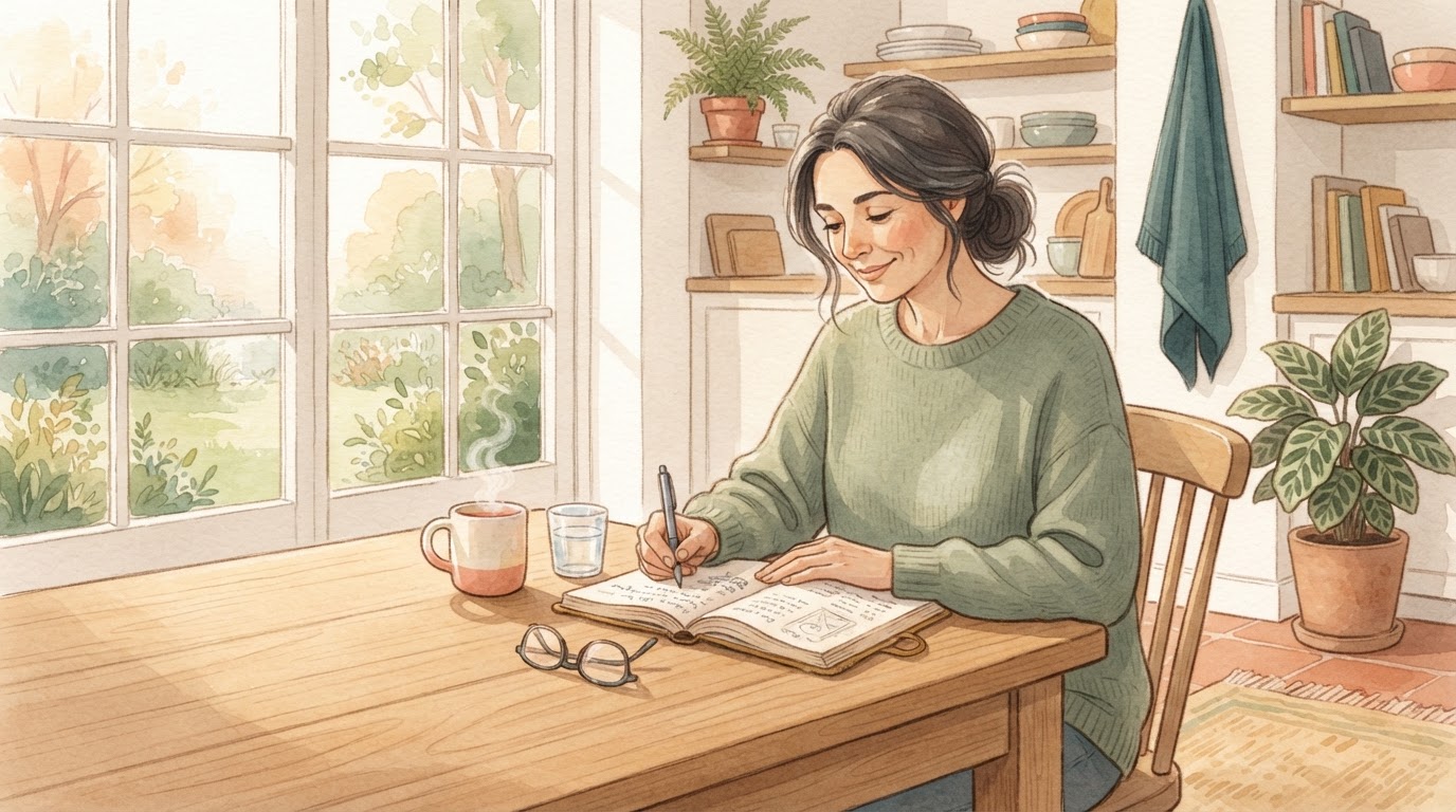 Woman reflecting with open notebook