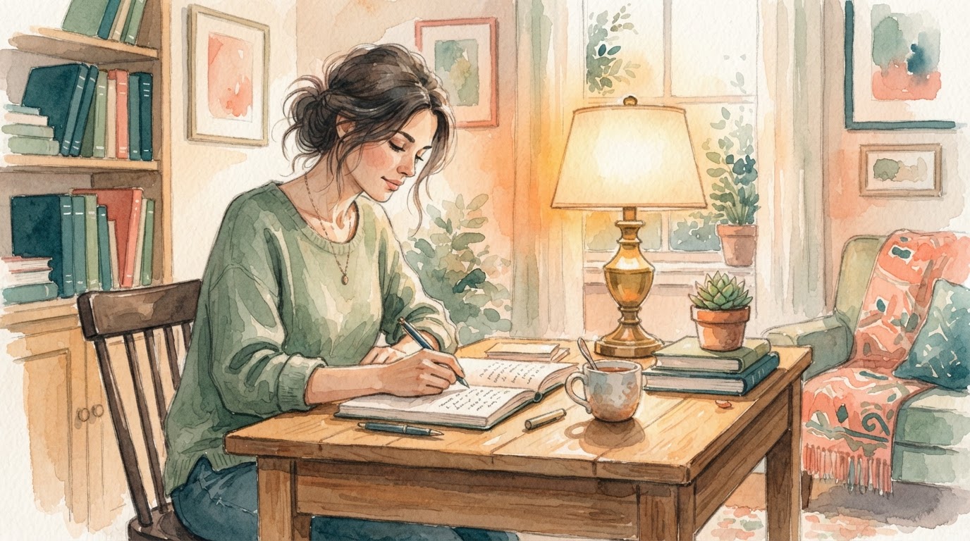 Woman writing at desk under warm lamp light, watercolor
