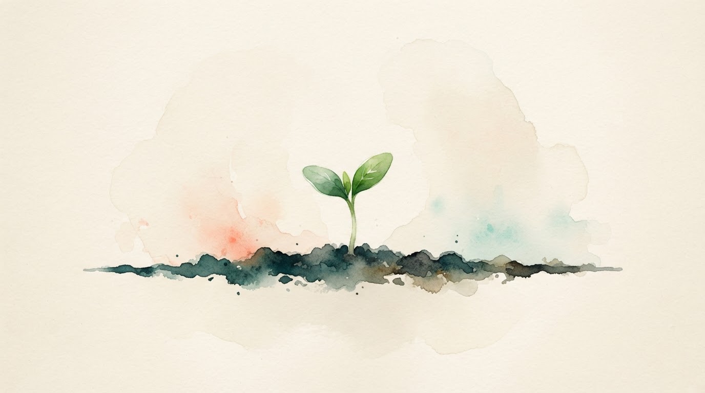 A serene and simple illustration of a single green sprout pushing through the soil, with a soft, warm light shining on it.