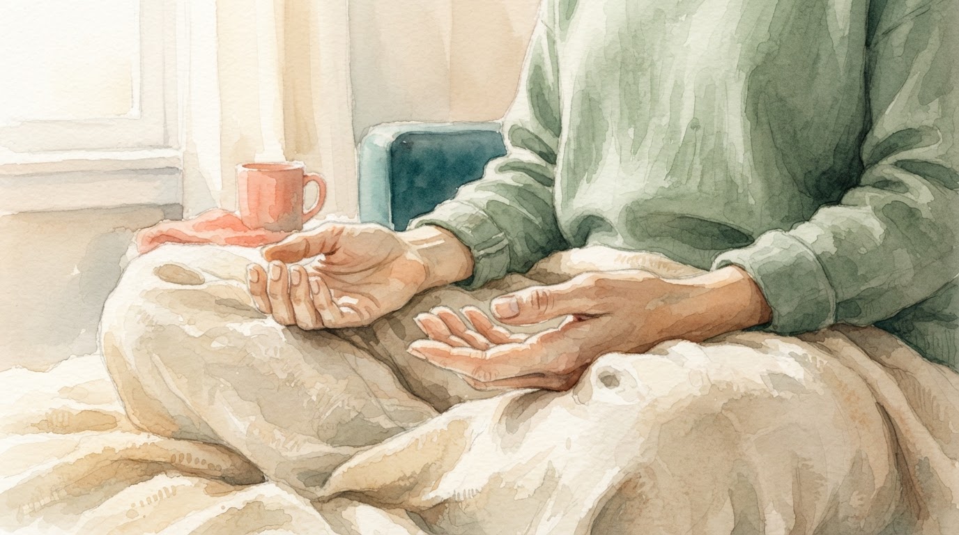 A close-up shot of a person's hands resting gently in their lap, with soft, natural light.