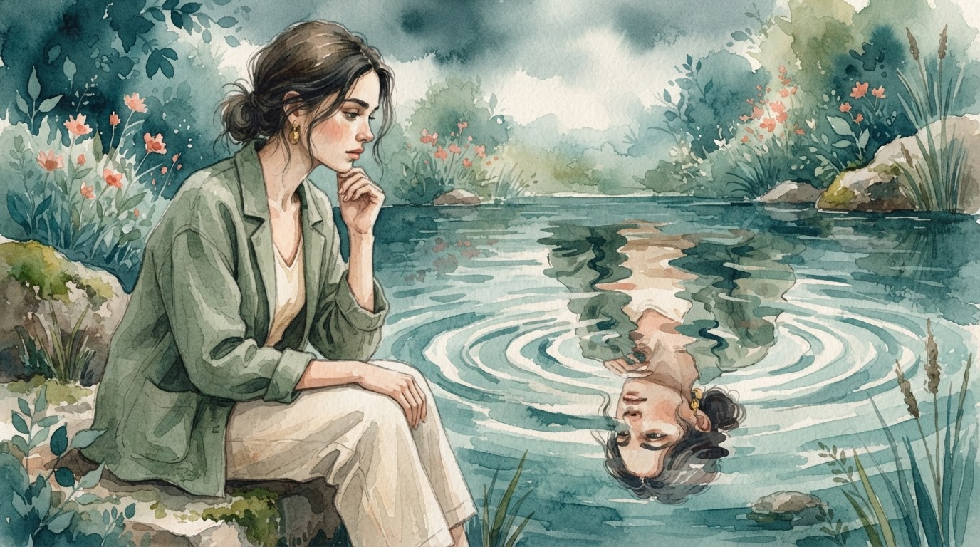 An abstract, warm editorial illustration of a person finding clarity amid shifting shadows