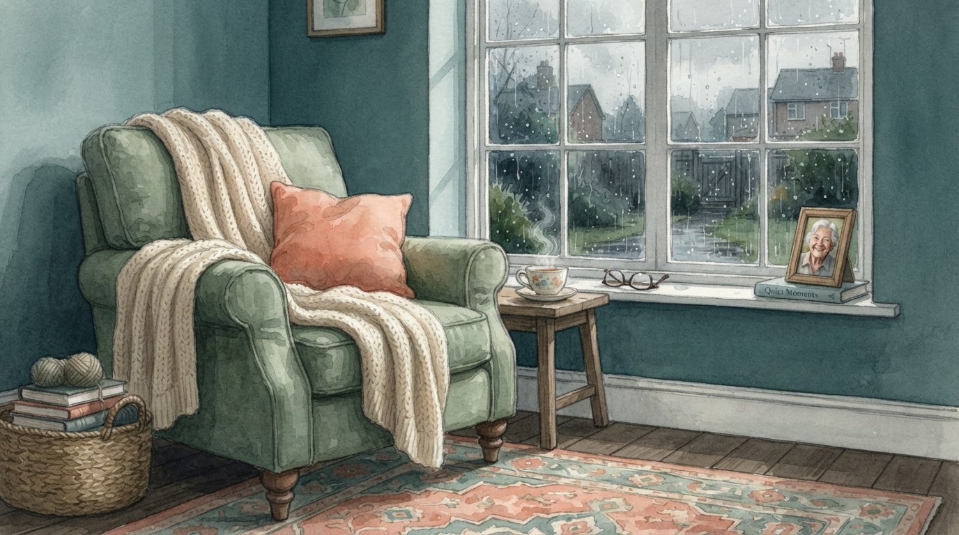 A single, empty armchair sits in a softly lit room next to a window with rain on the glass. A half-read book is open on the seat.