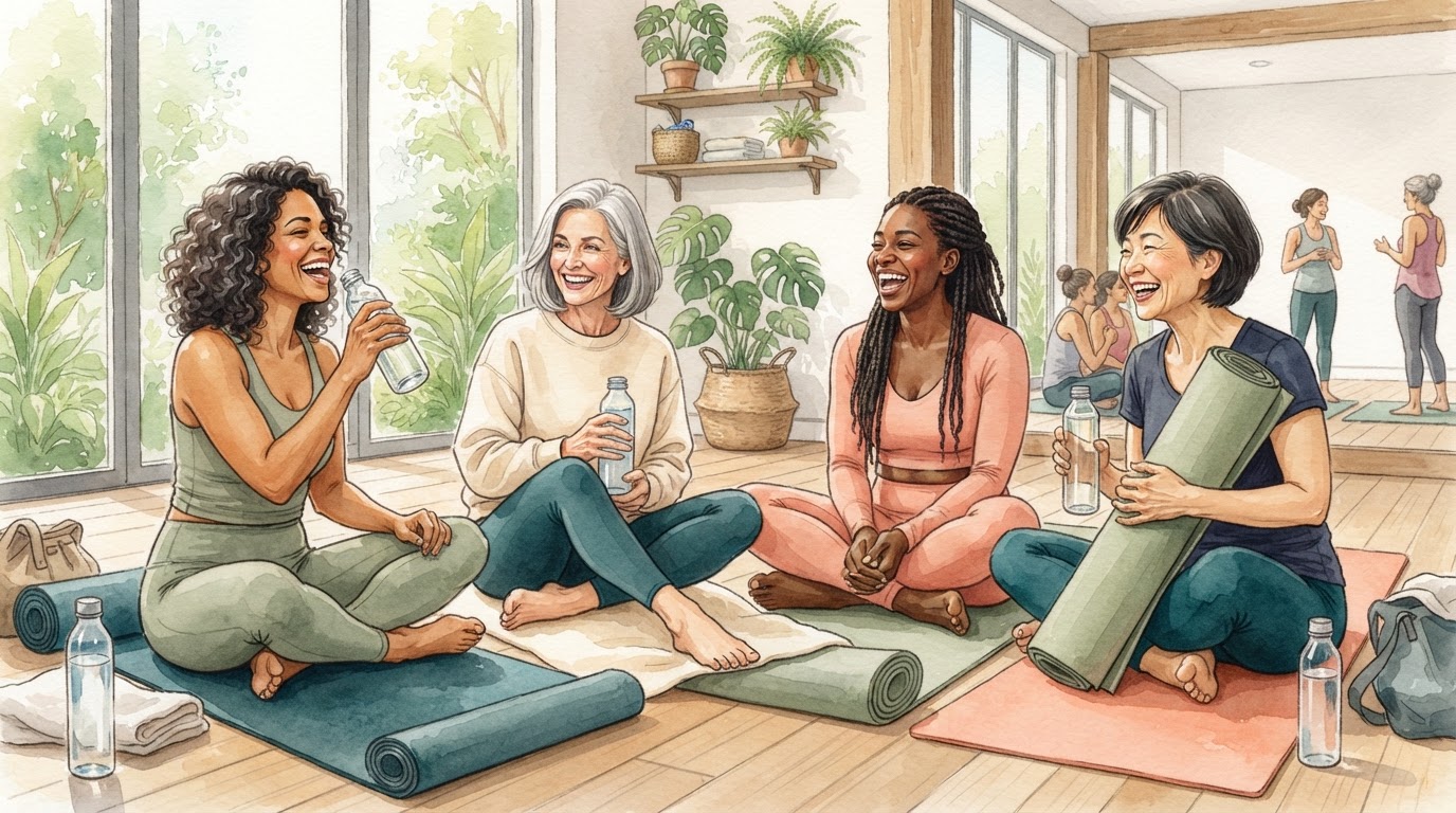 A diverse group of middle-aged women laughing together in a bright, airy yoga studio