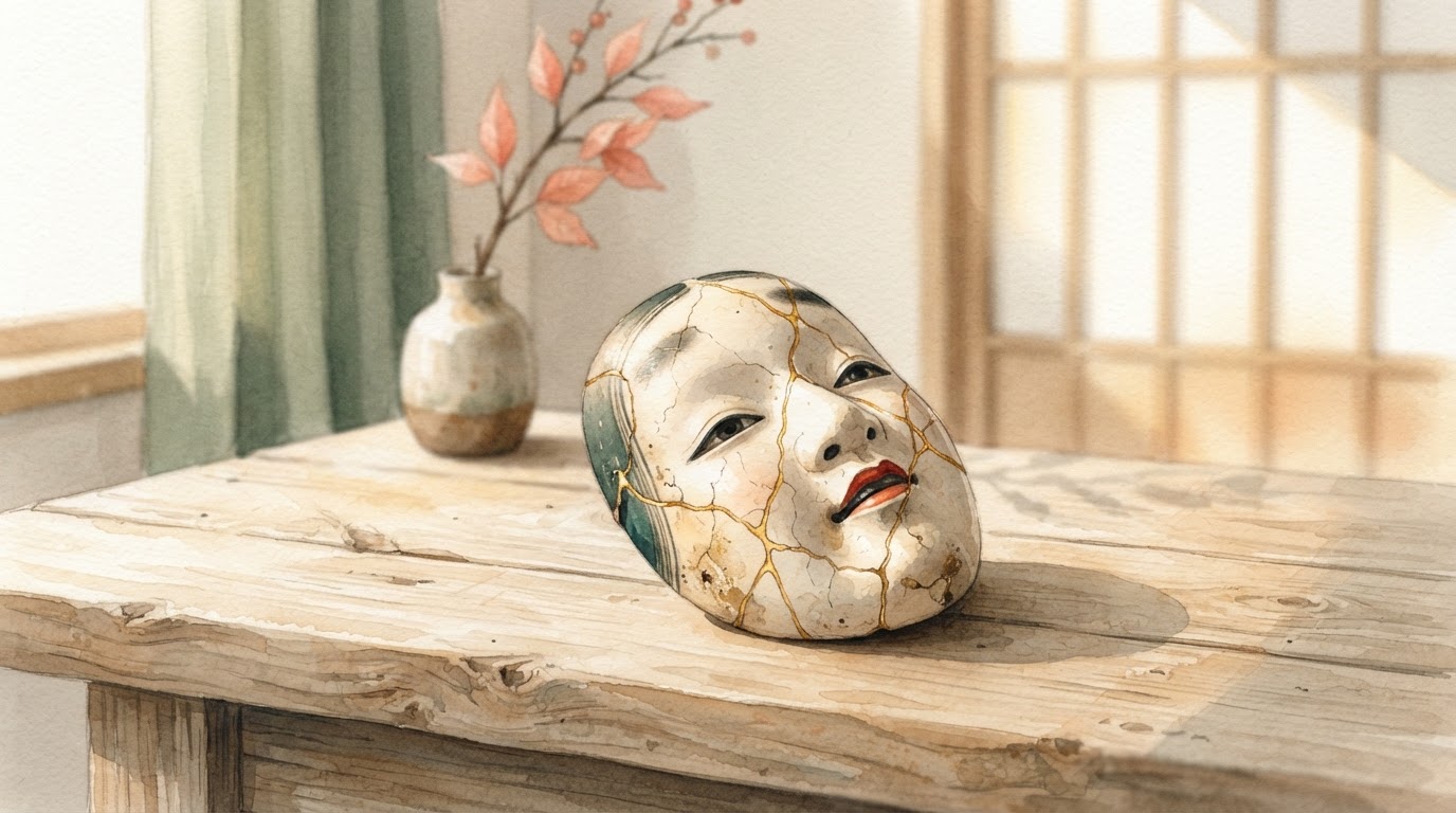 A cracked ceramic mask resting on a wooden table with soft sunlight streaming through a window
