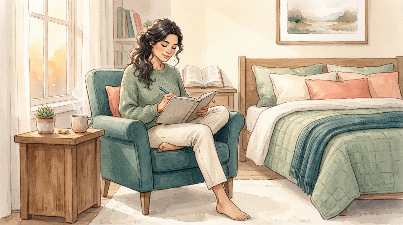 Calm evening ritual with book and tea