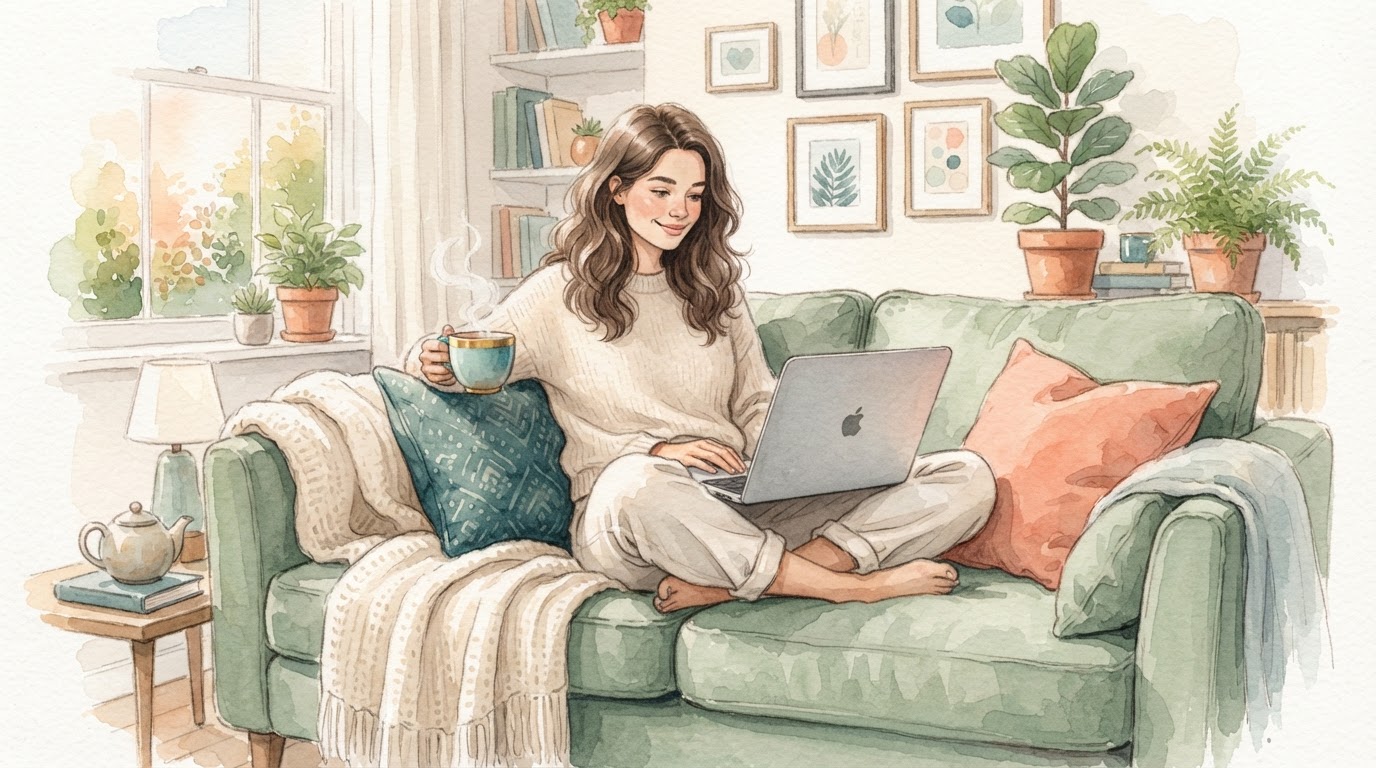 Person on couch with laptop and warm tea in soft light, editorial watercolor