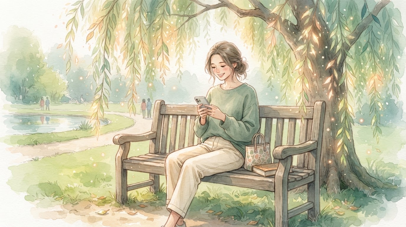 Calm person using an emotional wellness app outdoors
