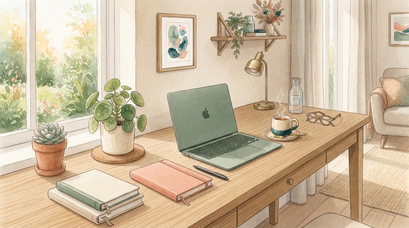 A minimalist, serene home office desk with a closed laptop, a steaming mug of herbal tea, and warm morning light streaming through a window
