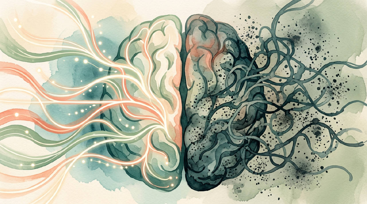 An abstract illustration of clean versus cluttered neural pathways.