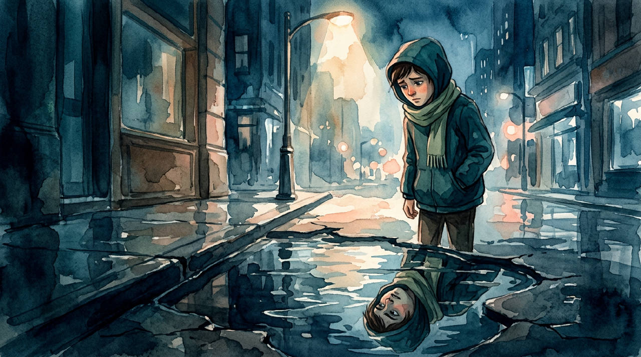 A person looking confused at their distorted reflection in a rainy puddle