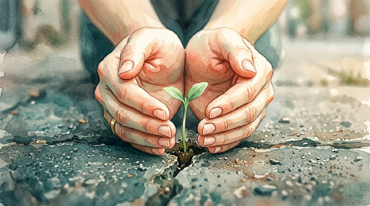 A person's hands gently tending to a small green sprout growing from a crack in concrete