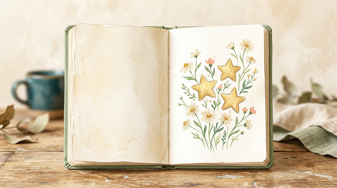 Hand-drawn watercolor of an open notebook with three golden stars and small daisies on warm cream background
