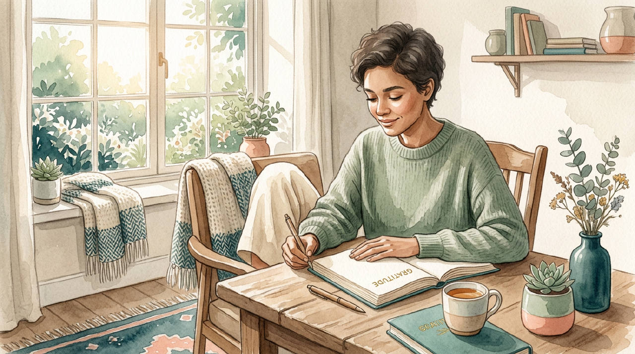 A person sits by a sunlit window in a cozy room, writing in a journal with a gentle smile. A cup of tea steams beside them.