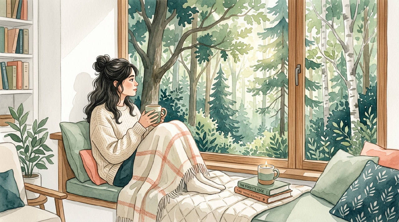 A person sitting quietly by a window, looking at a calm nature scene.