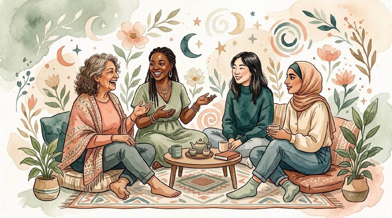 A diverse group of women in a bright, airy room, talking and laughing, representing community and shared experience