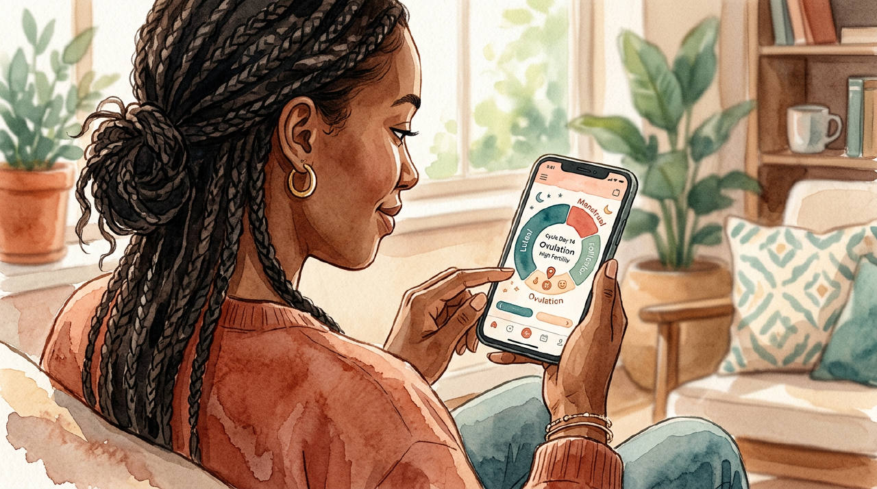 A woman looking at a calendar or app with cycle tracking icons, feeling empowered