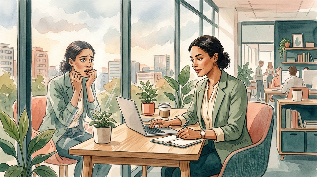 A person stands in a well-lit, professional office, but their reflection in a large window shows a person looking anxious and small.