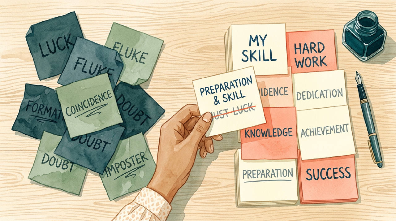 A person sitting at a desk sorting through sticky notes, some with negative self-talk crossed out and others with positive affirmations.