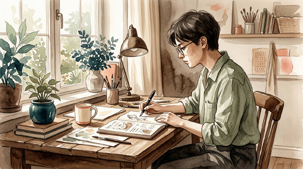 Person at desk with soft shadow, warm sepia watercolor