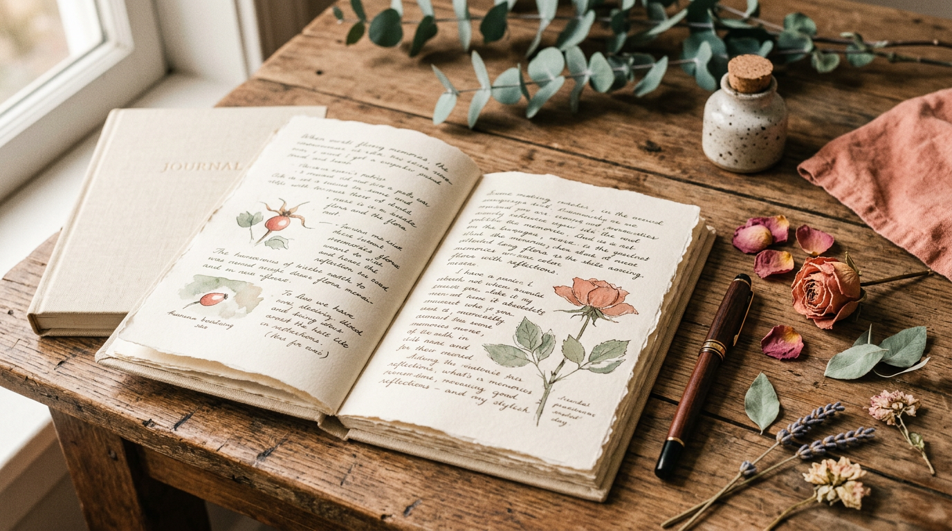 A vintage cream notebook open on wood with a fountain pen and dried petals, warm rose sepia watercolor editorial