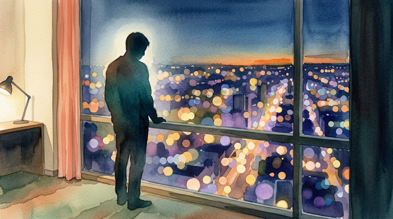 A lone person looking out a window at a bustling city at night