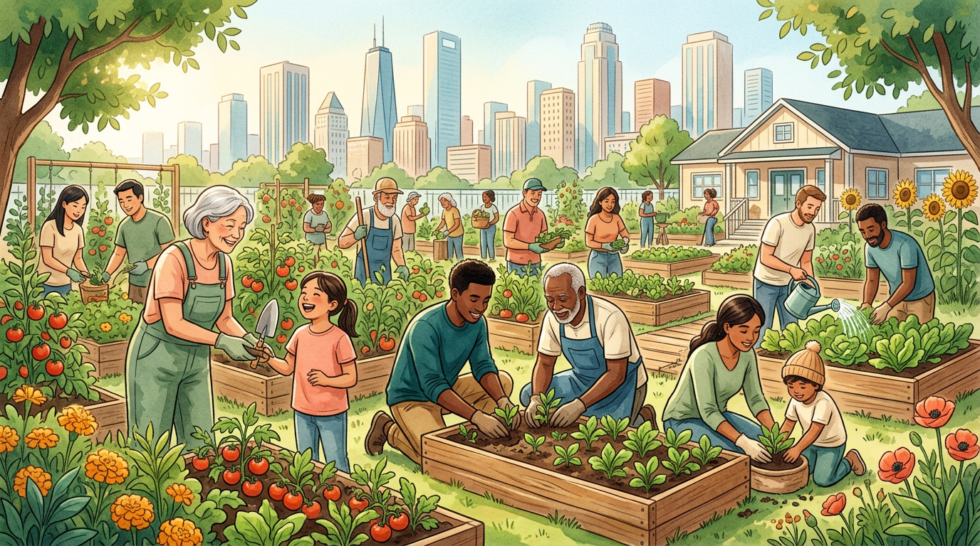Diverse group of people working together in a sunny community garden