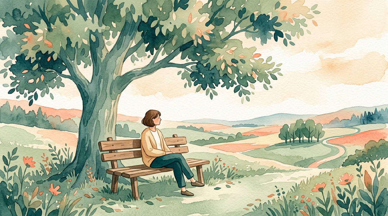 A person sitting alone on a park bench, looking thoughtful but not sad.