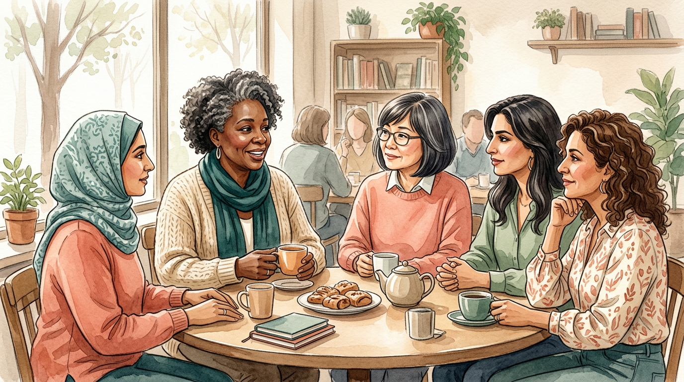 A diverse group of women in their 40s and 50s talking and laughing together over coffee