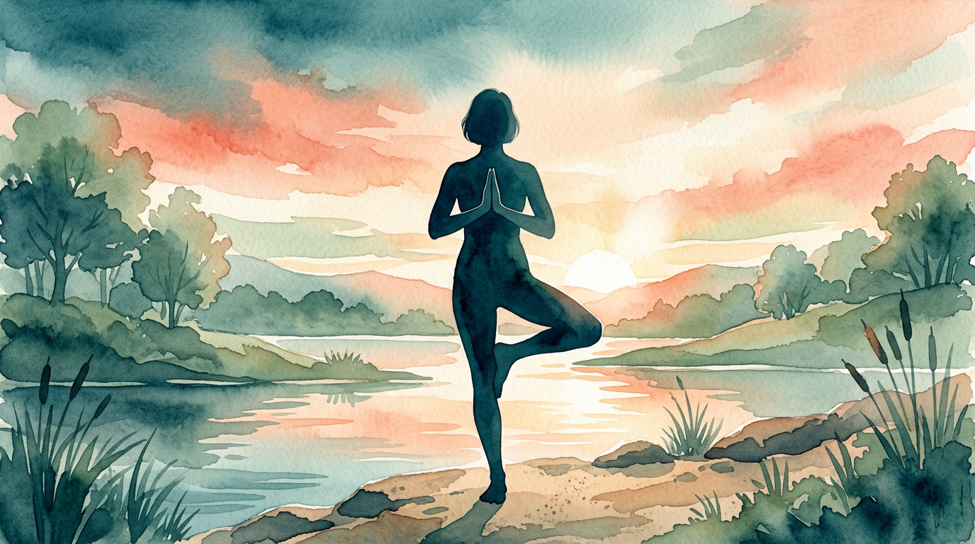 A serene woman practicing yoga at sunrise