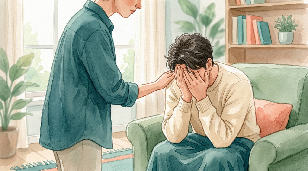 A person gently offering a supportive hand to another person who is sitting down and looking distressed, in a calm and light-filled room.