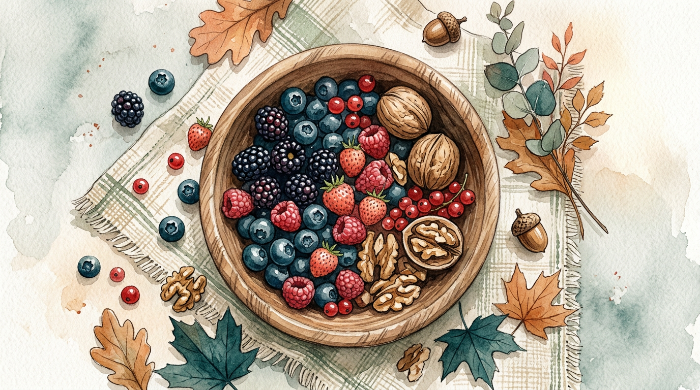 Overhead wooden bowl of berries and walnuts on linen, warm autumn watercolor