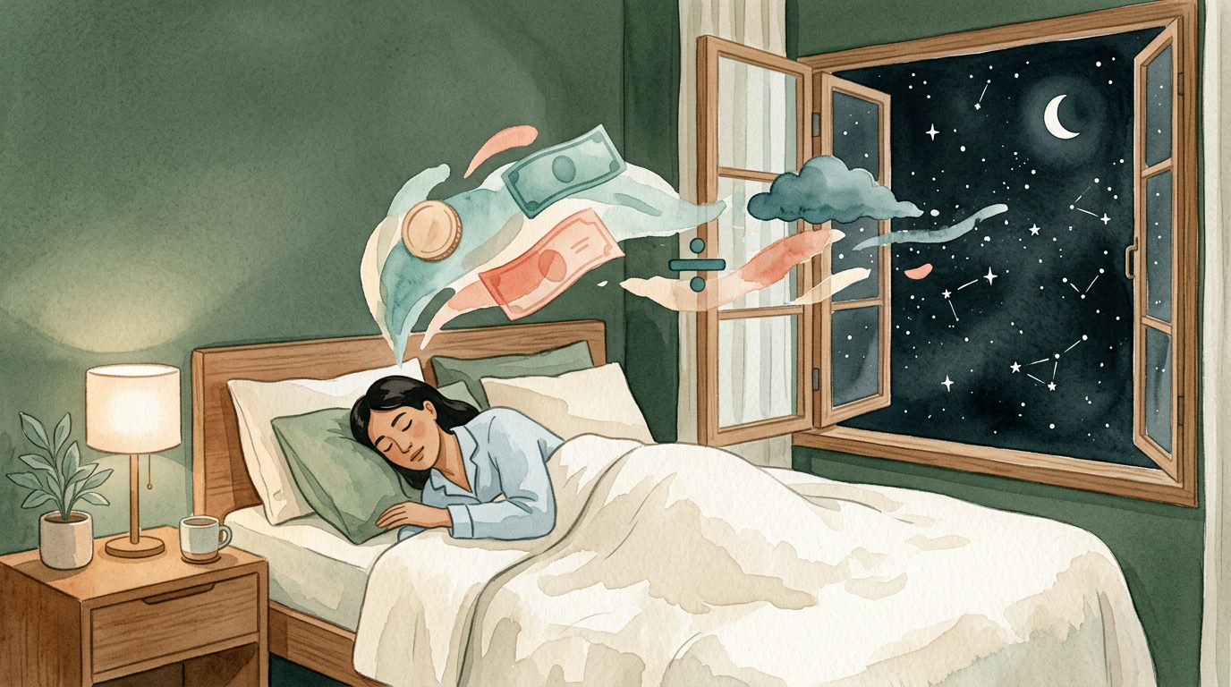 A person peacefully sleeping in a cozy bed while glowing, abstract currency symbols float away and dissolve like fireflies.