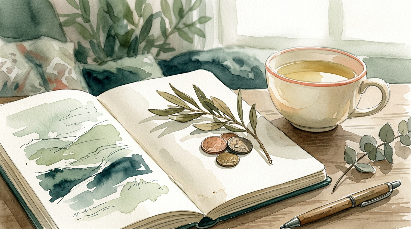 Open notebook with coins and calm tea, muted green watercolor