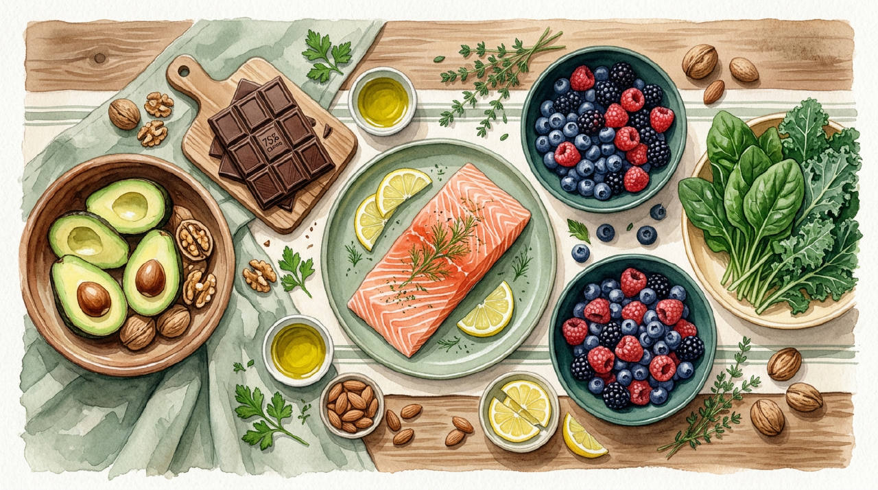 A colorful flat lay of mood-boosting foods