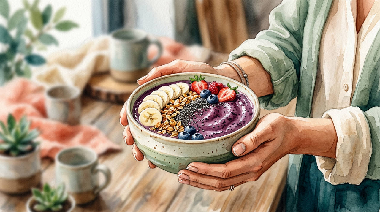 A close-up of a person's hands holding a vibrant smoothie bowl