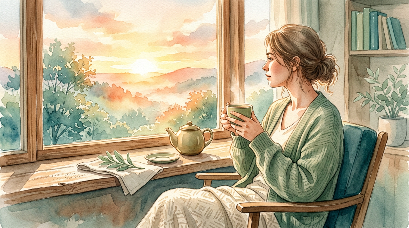 Person by a bright window with tea at sunrise, warm gold sage watercolor