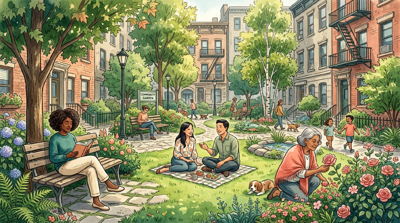 A diverse group of city dwellers enjoying a small, lush urban park.
