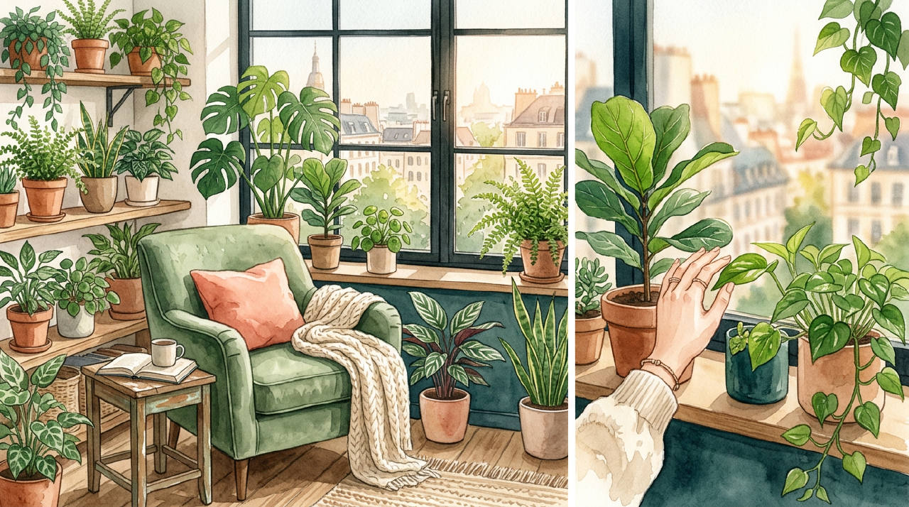 A cozy apartment corner filled with natural light and houseplants.