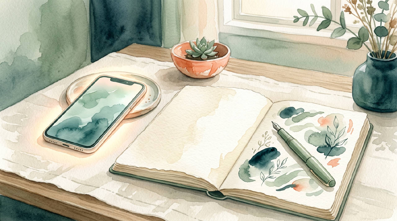 Phone with soft glow beside notebook, calm cream watercolor