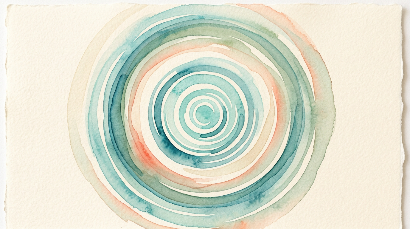 Watercolor concentric aqua ripples on cream background, calm minimalist