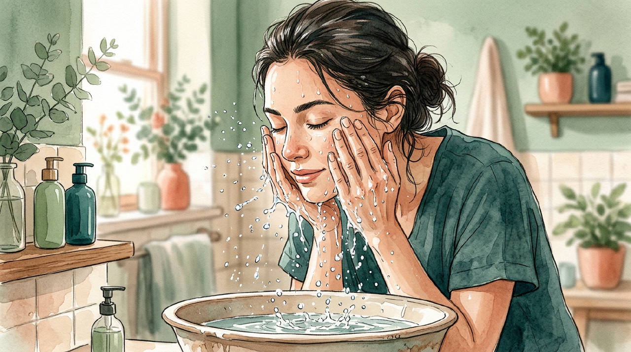 A close-up shot of a person gently splashing their face with cool, clear water from their cupped hands