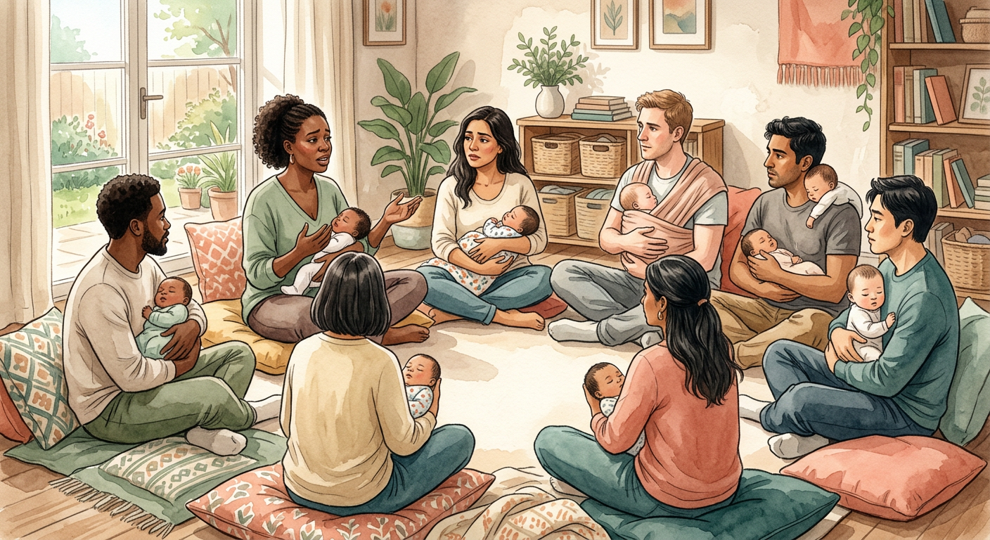 A diverse group of new parents sitting in a circle on the floor, some holding babies, looking tired but supportive of each other.